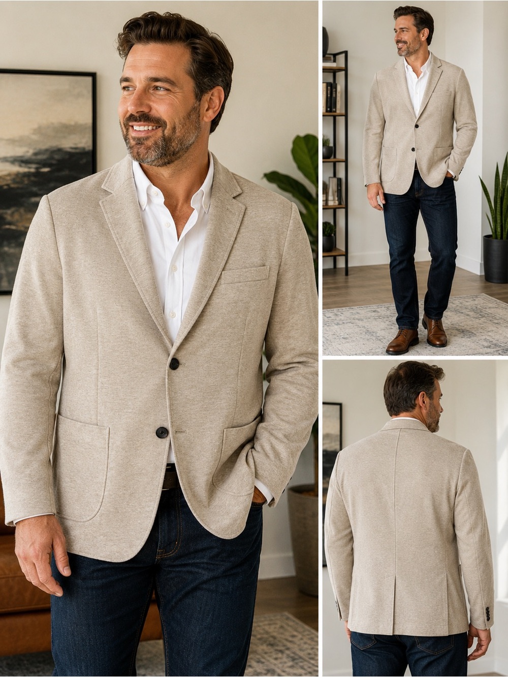 Artefact Mens XL Knit Blazer Oatmeal Stretch Cotton 2 Button Sport Coat